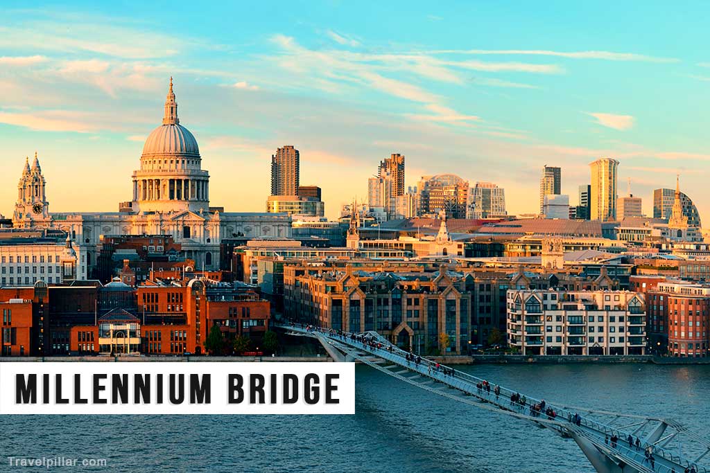 The Millennium Bridge and view of St Paul's cathedral London (viewed from the Tate Modern Gallery)