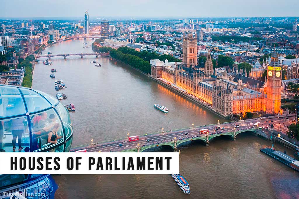 The Houses of Parliament, Big Ben and the Westminster Bridge over the River Thames as viewed from the London Eye