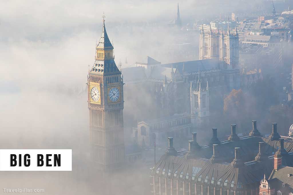 Big Ben and Westminster Abbey as viewed from the London Eye on a misty morning