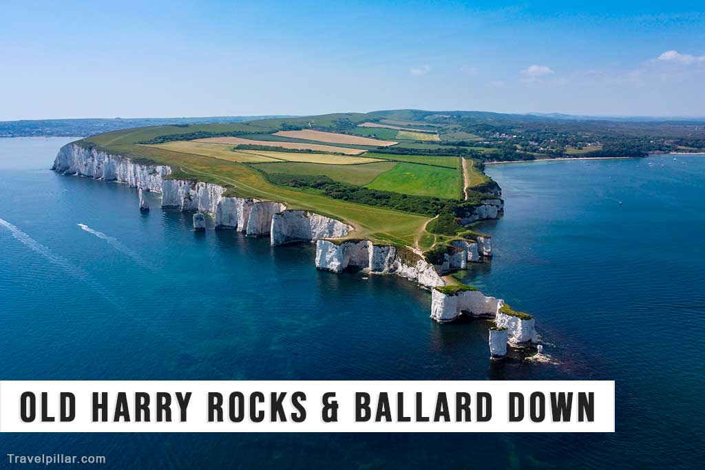 Aerial shot of Old Harry Rocks and Ballard Down, Dorset, England