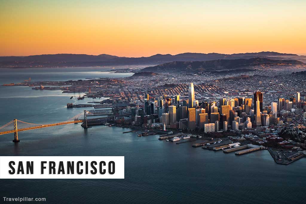 Aerial view of San Francisco waterfront and financial district